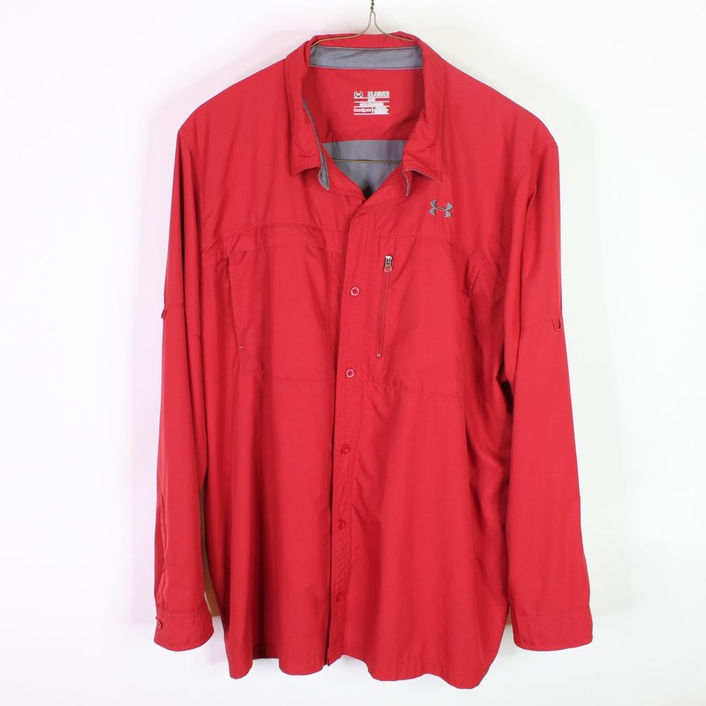Red and Grey Under Armour Heatgear Mens  Button Down Long Sleeve Shirt 3XL